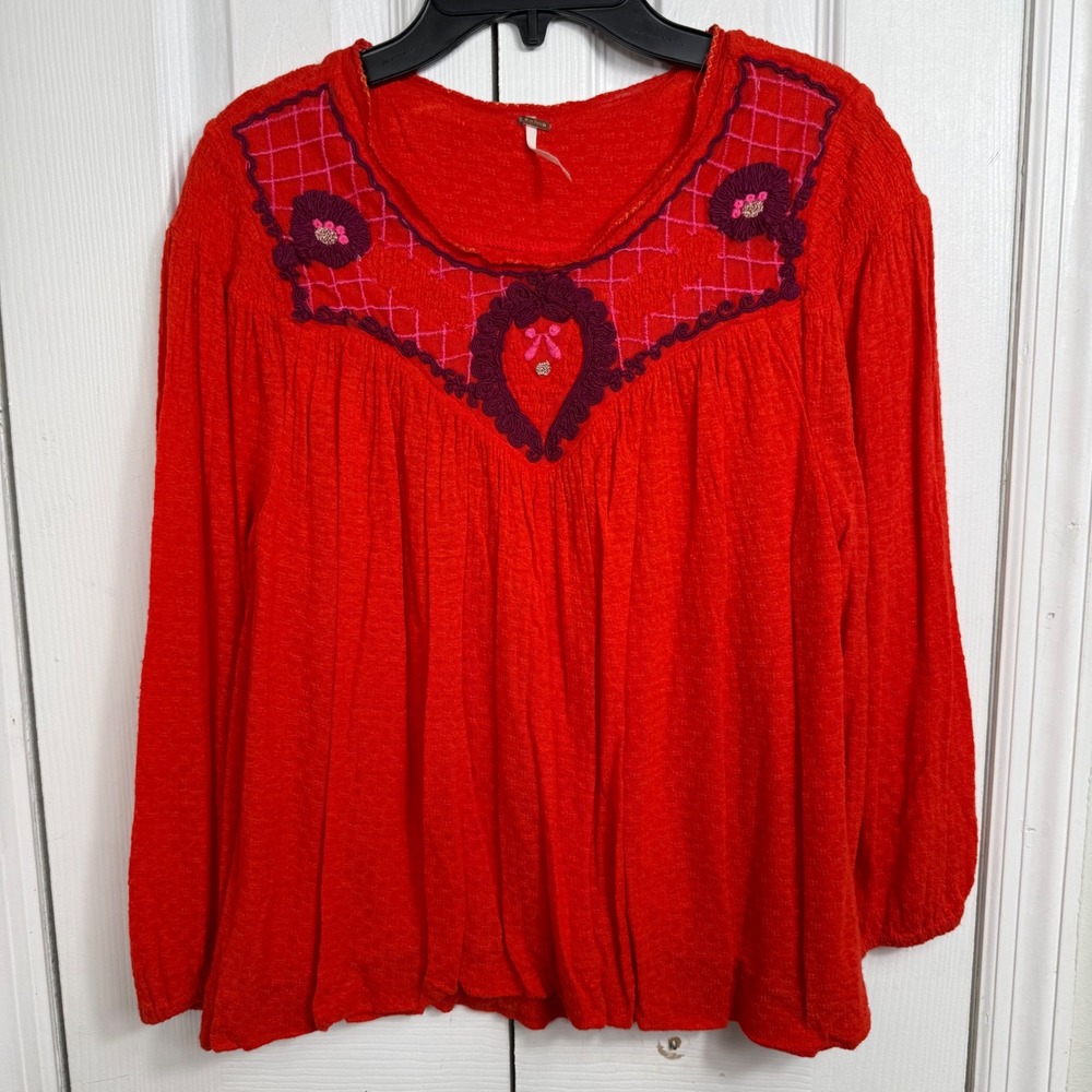 Free People Begonia Top XS Red Embroidered Peasant Blouse Boho Folk
